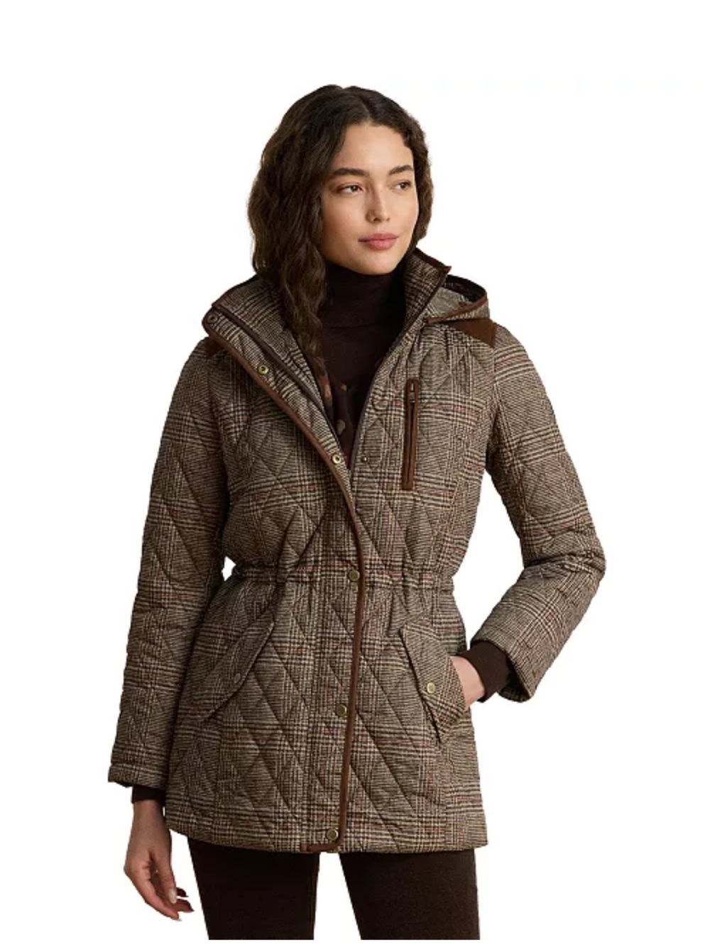 Ralph Lauren Brown Plaid Quilted Hooded Jacket
